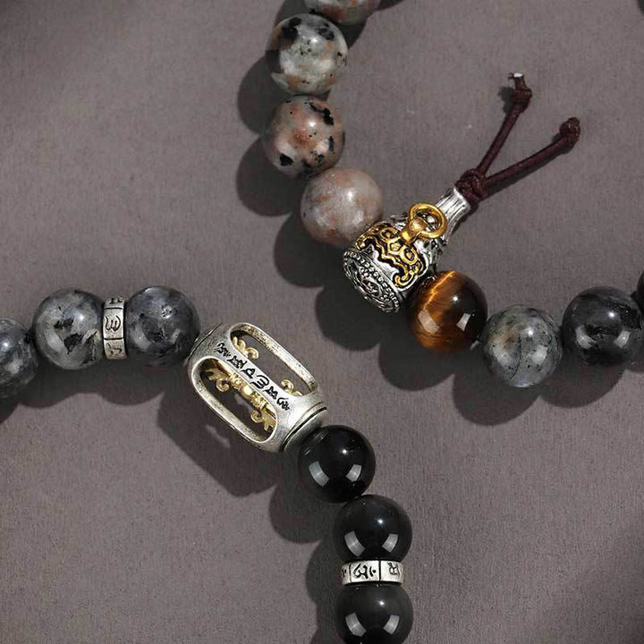 Bracelet de protection de richesse en pierre de lave et œil de tigre en argent sterling 925 avec six mots vrais et onyx noir et or Buddha Stones