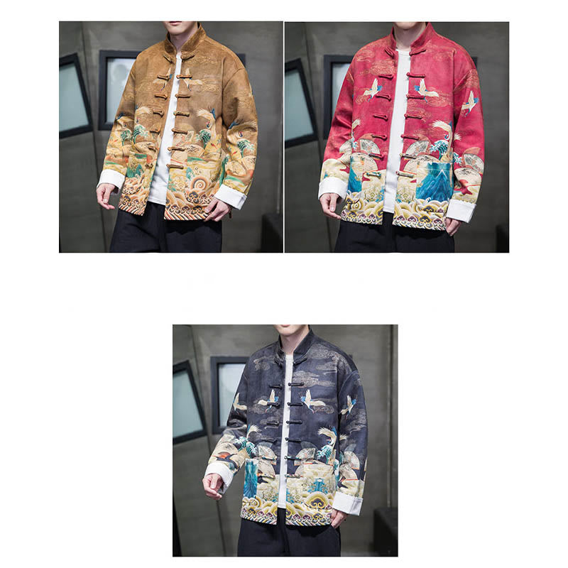 Chemise longue en coton et daim pour homme, costume chinois Tang à boutons de grenouille avec Buddha Stones - image 28