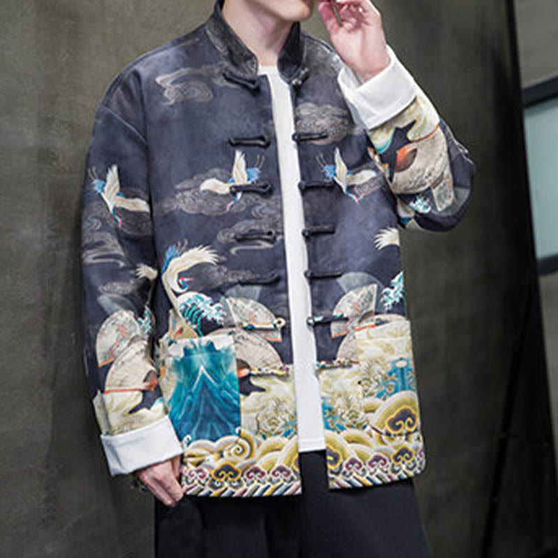 Chemise longue en coton et daim pour homme, costume chinois Tang à boutons de grenouille avec Buddha Stones - image 11