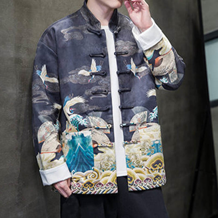 Chemise longue en coton et daim pour homme, costume chinois Tang à boutons de grenouille avec Buddha Stones - image 11