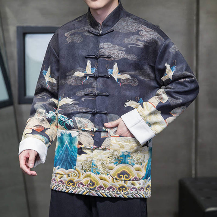 Chemise longue en coton et daim pour homme, costume chinois Tang à boutons de grenouille avec Buddha Stones - image 12