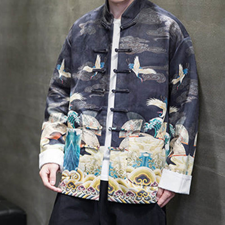 Chemise longue en coton et daim pour homme, costume chinois Tang à boutons de grenouille avec Buddha Stones - image 9