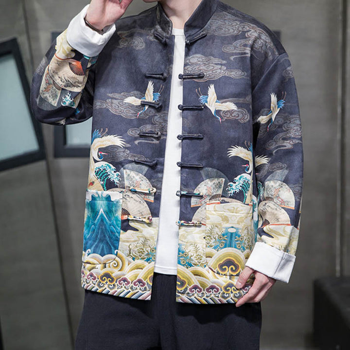 Chemise longue en coton et daim pour homme, costume chinois Tang à boutons de grenouille avec Buddha Stones - Bleu nuit - US/UK/AU46，EU56 (5XL) - image 8