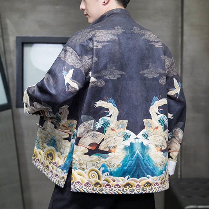 Chemise longue en coton et daim pour homme, costume chinois Tang à boutons de grenouille avec Buddha Stones - image 10