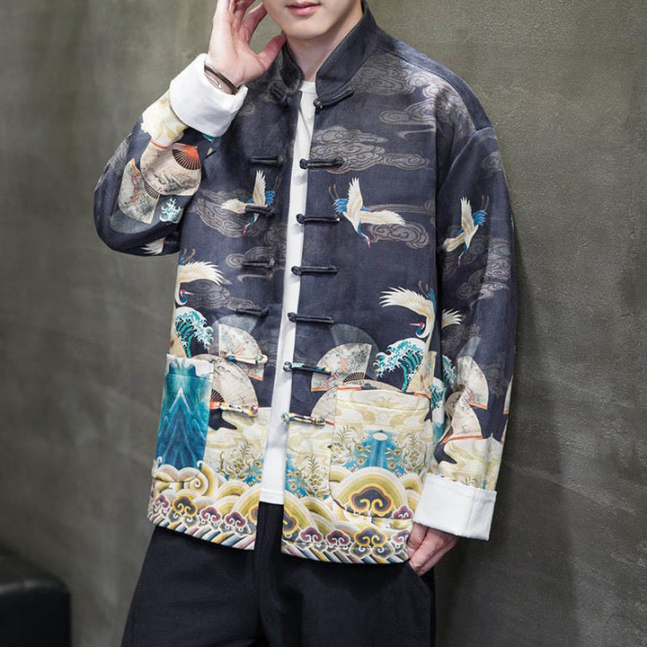 Chemise longue en coton et daim pour homme, costume chinois Tang à boutons de grenouille avec Buddha Stones - image 15