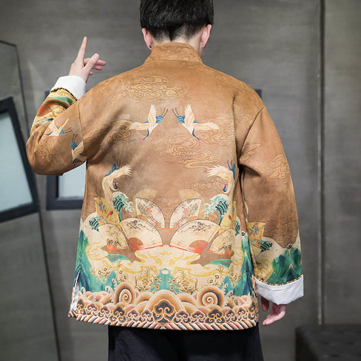 Chemise longue en coton et daim pour homme, costume chinois Tang à boutons de grenouille avec Buddha Stones - image 3