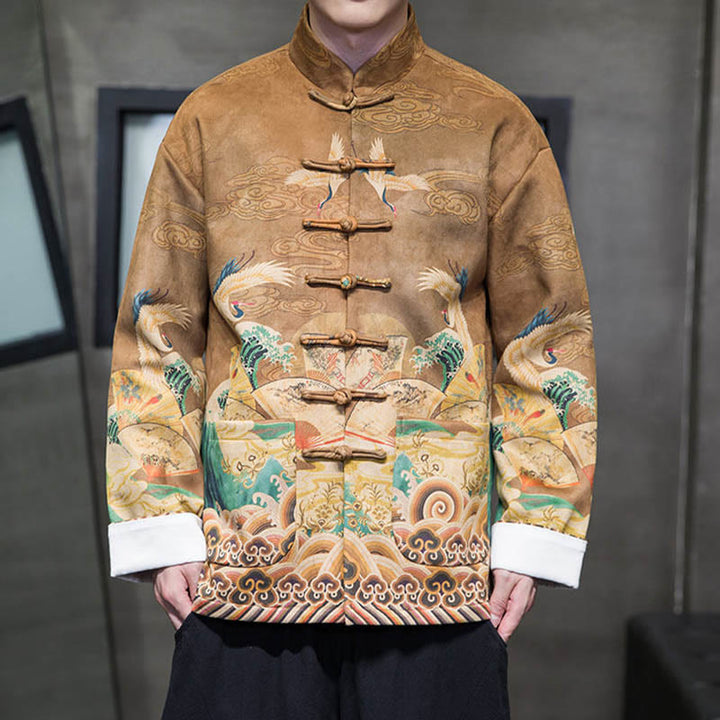 Chemise longue en coton et daim pour homme, costume chinois Tang à boutons de grenouille avec Buddha Stones - image 4