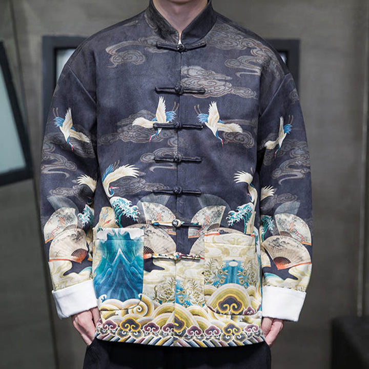 Chemise longue en coton et daim pour homme, costume chinois Tang à boutons de grenouille avec Buddha Stones - image 13