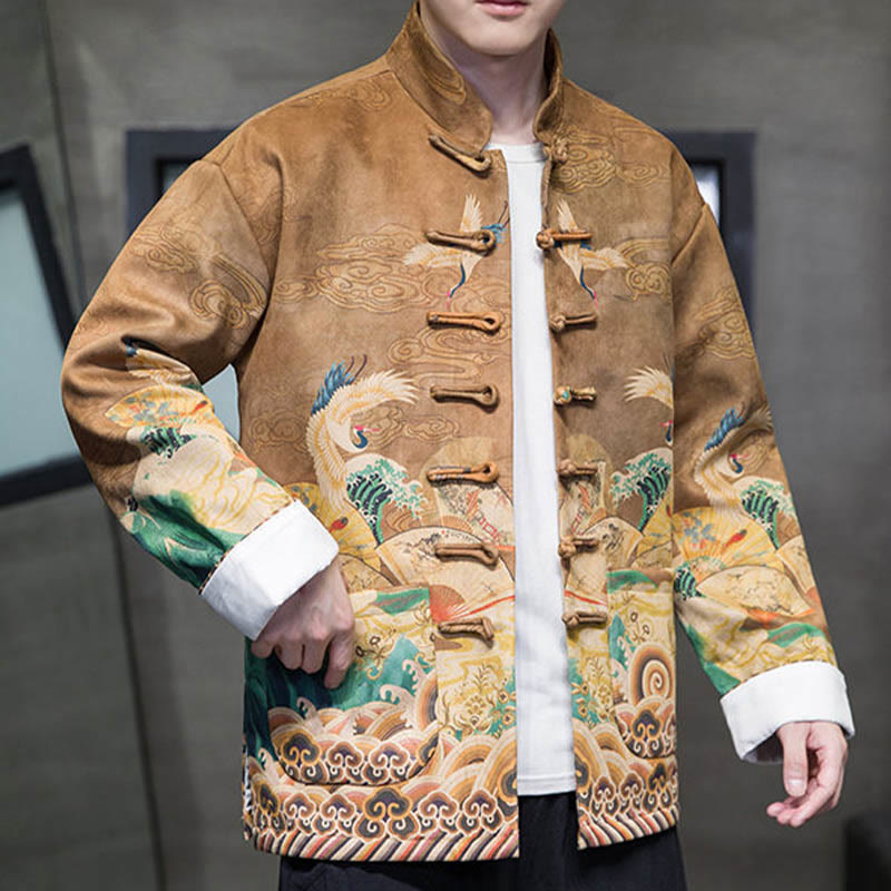 Chemise longue en coton et daim pour homme, costume chinois Tang à boutons de grenouille avec Buddha Stones - image 6