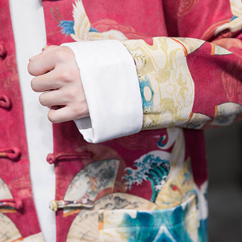 Chemise longue en coton et daim pour homme, costume chinois Tang à boutons de grenouille avec Buddha Stones - image 26