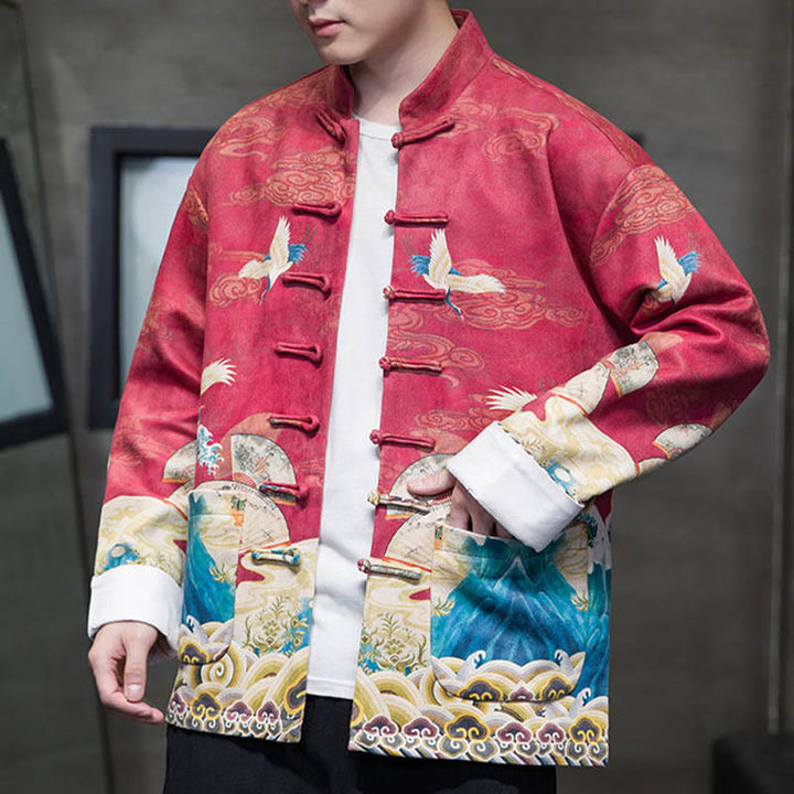 Chemise longue en coton et daim pour homme, costume chinois Tang à boutons de grenouille avec Buddha Stones - image 20