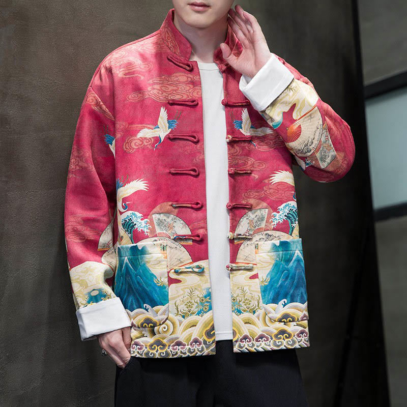 Chemise longue en coton et daim pour homme, costume chinois Tang à boutons de grenouille avec Buddha Stones - Cramoisi - US/UK/AU46，EU56 (5XL) - image 16