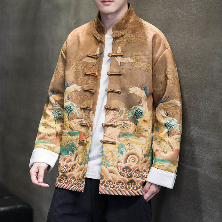 Chemise longue en coton et daim pour homme, costume chinois Tang à boutons de grenouille avec Buddha Stones - verge d'or - US/UK/AU46，EU56 (5XL) - image 0