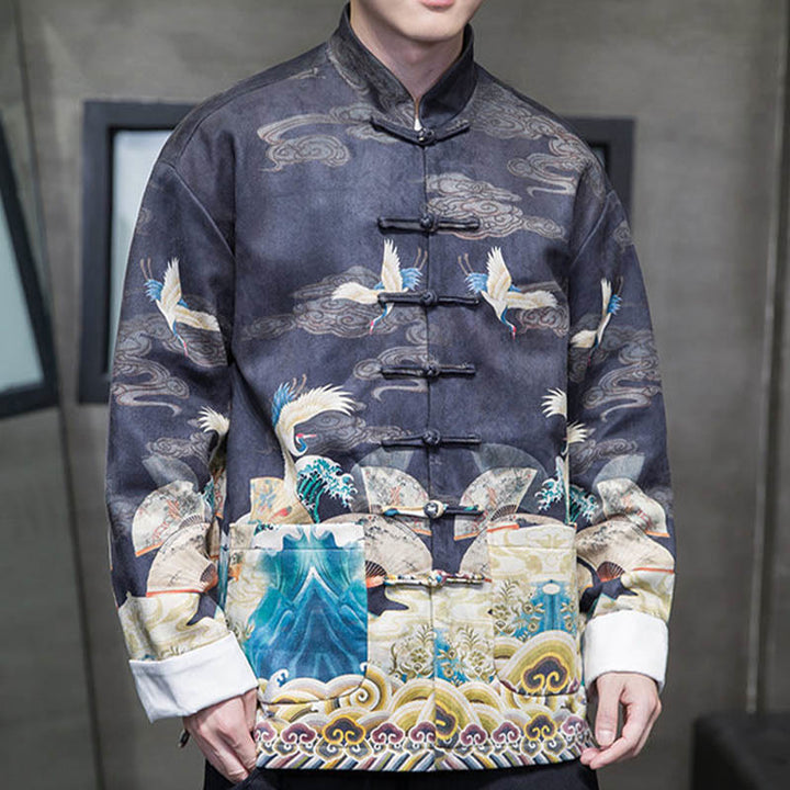 Chemise longue en coton et daim pour homme, costume chinois Tang à boutons de grenouille avec Buddha Stones - image 14