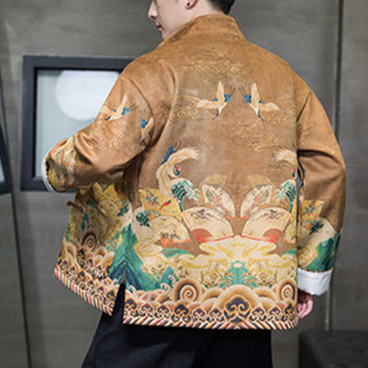 Chemise longue en coton et daim pour homme, costume chinois Tang à boutons de grenouille avec Buddha Stones - image 2