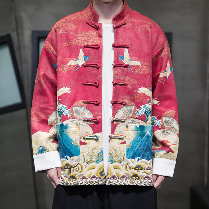 Chemise longue en coton et daim pour homme, costume chinois Tang à boutons de grenouille avec Buddha Stones - image 21