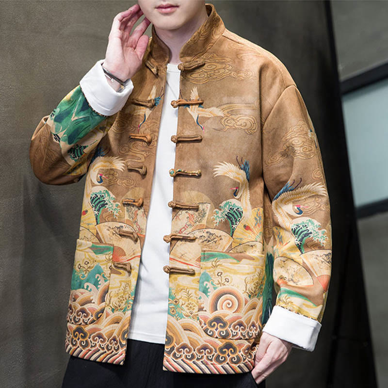 Chemise longue en coton et daim pour homme, costume chinois Tang à boutons de grenouille avec Buddha Stones - image 1