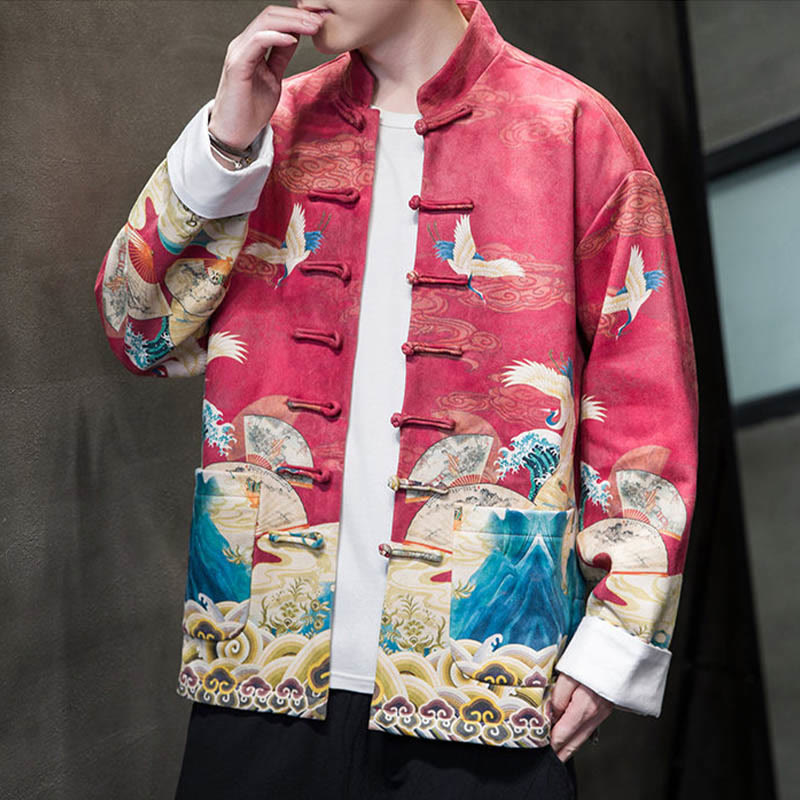 Chemise longue en coton et daim pour homme, costume chinois Tang à boutons de grenouille avec Buddha Stones - image 17