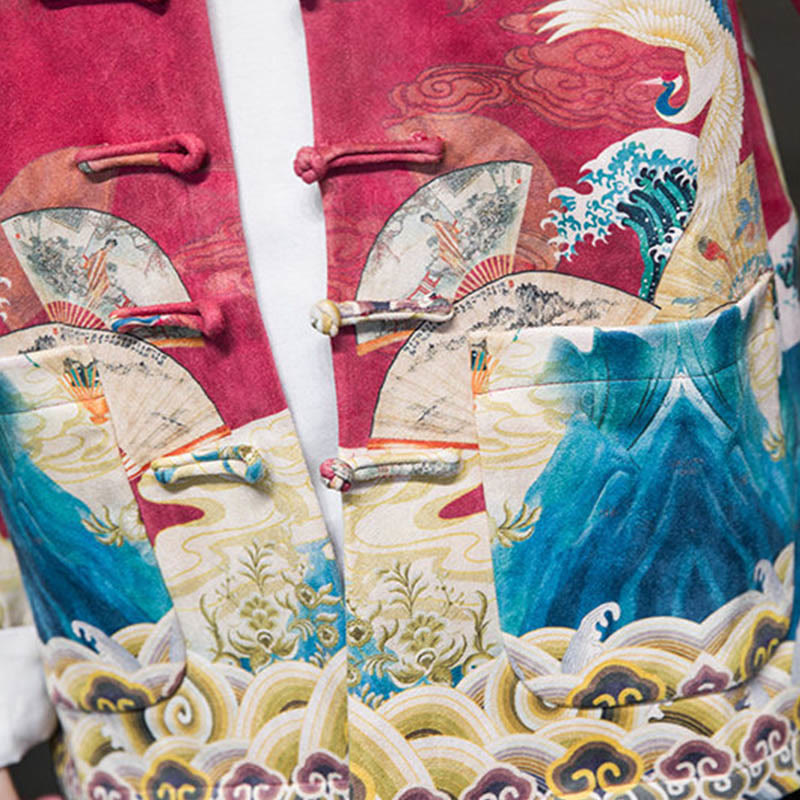 Chemise longue en coton et daim pour homme, costume chinois Tang à boutons de grenouille avec Buddha Stones - image 25