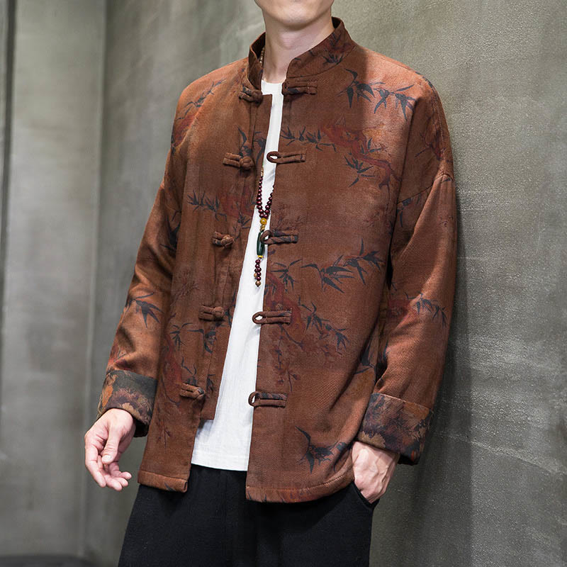 Chemise longue en coton pour homme, costume chinois Tang à boutons de grenouille avec Buddha Stones - Verge d'or foncée - US/UK/AU46，EU56 (5XL) - image 11