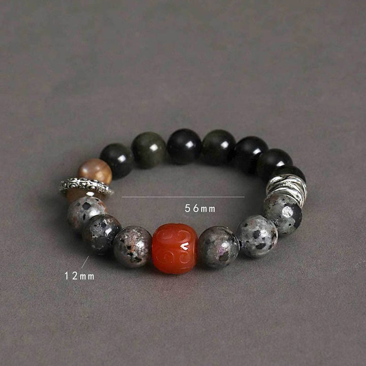 Bracelet de protection en agate rouge et obsidienne brillante dorée avec Buddha Stones