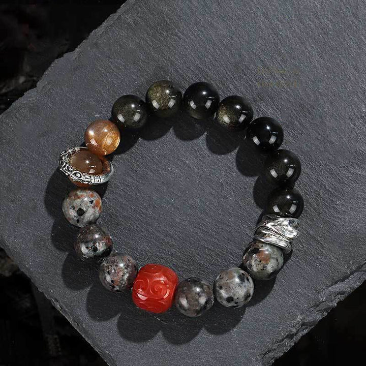Bracelet de protection en agate rouge et obsidienne brillante dorée avec Buddha Stones