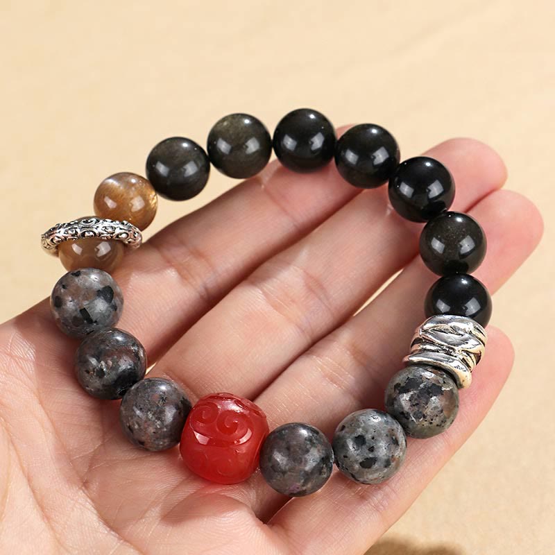 Bracelet de protection en agate rouge et obsidienne brillante dorée avec Buddha Stones
