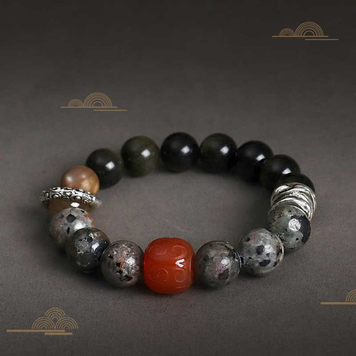 Bracelet de protection en agate rouge et obsidienne brillante dorée avec Buddha Stones