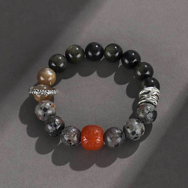 Bracelet de protection en agate rouge et obsidienne brillante dorée avec Buddha Stones