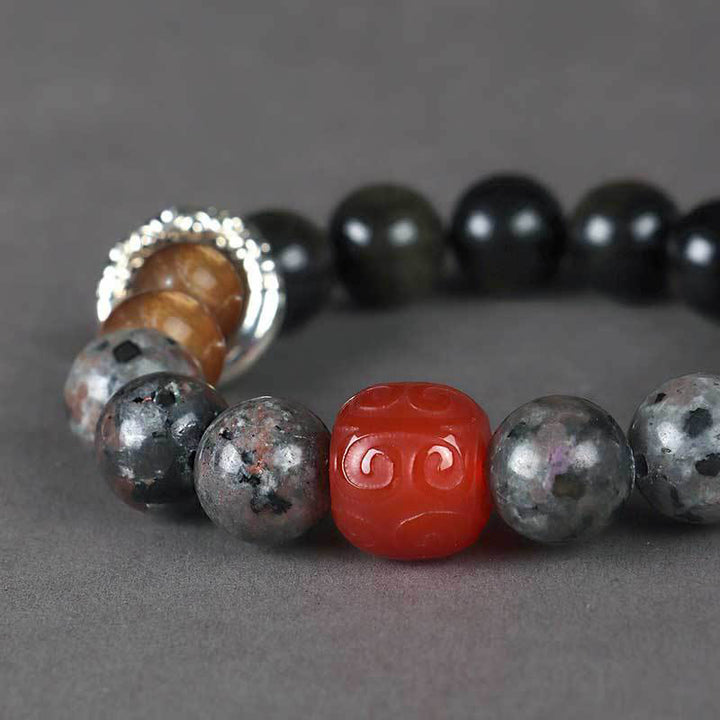 Bracelet de protection en agate rouge et obsidienne brillante dorée avec Buddha Stones
