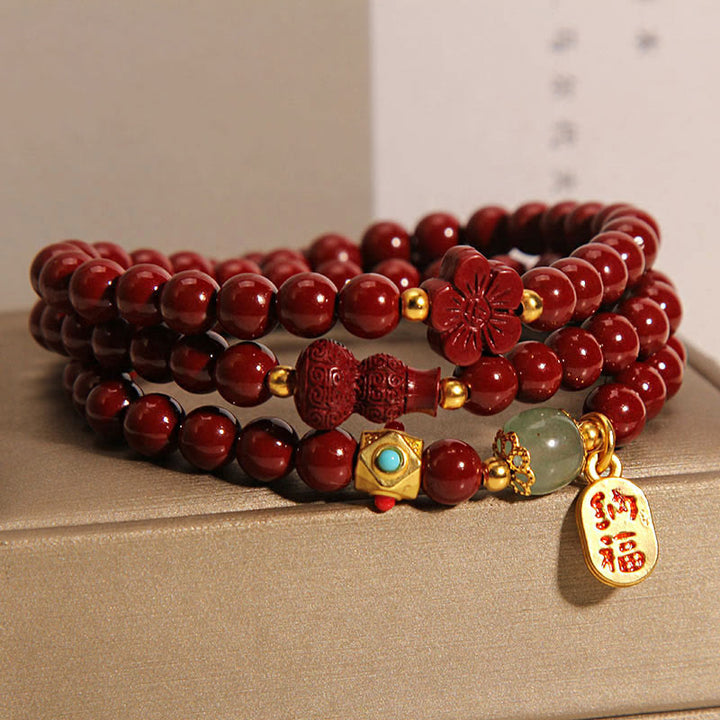 Bracelet de bénédiction triple tour en forme de gourde de fleur avec Buddha Stones de cinabre Fu