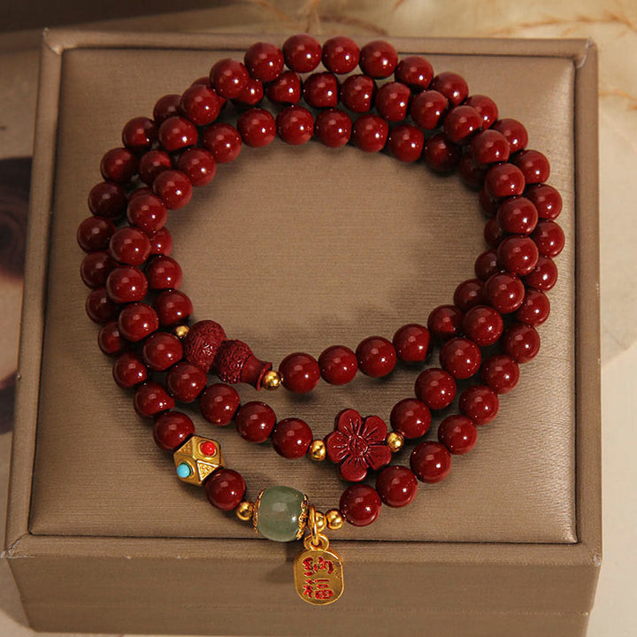 Bracelet de bénédiction triple tour en forme de gourde de fleur avec Buddha Stones de cinabre Fu