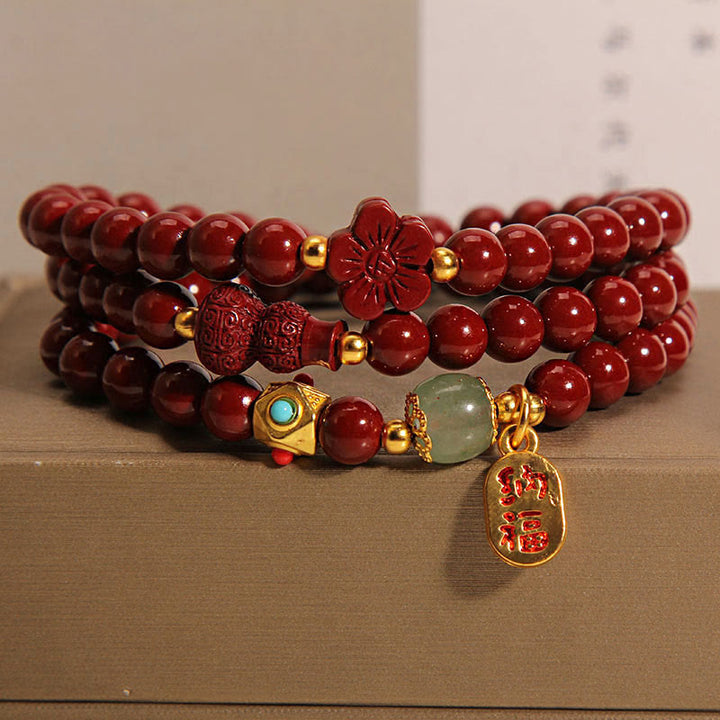 Bracelet de bénédiction triple tour en forme de gourde de fleur avec Buddha Stones de cinabre Fu