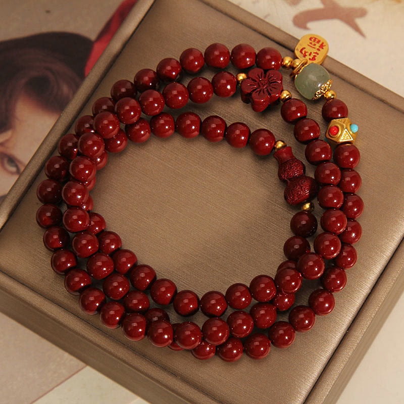 Bracelet de bénédiction triple tour en forme de gourde de fleur avec Buddha Stones de cinabre Fu