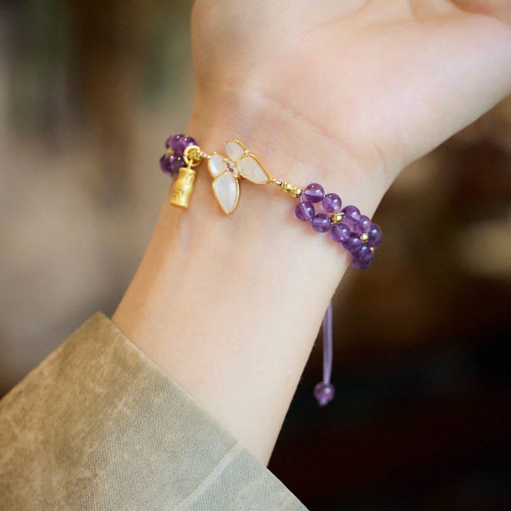 Bracelet en corde tressée avec Buddha Stones, améthyste, papillon, bambou, équilibre, soulagement du stress