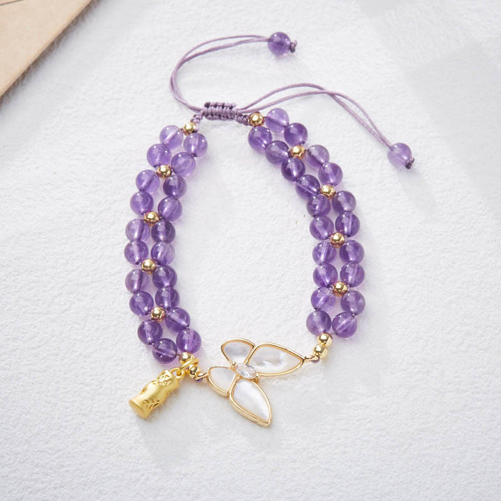 Bracelet en corde tressée avec Buddha Stones, améthyste, papillon, bambou, équilibre, soulagement du stress