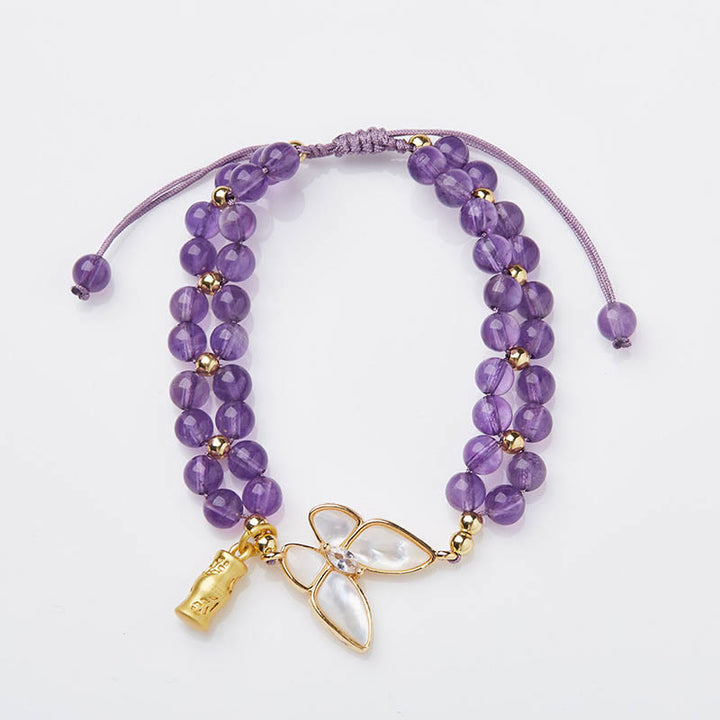 Bracelet en corde tressée avec Buddha Stones, améthyste, papillon, bambou, équilibre, soulagement du stress