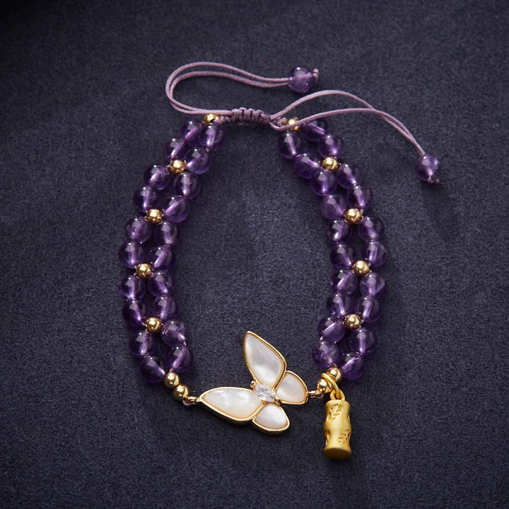 Bracelet en corde tressée avec Buddha Stones, améthyste, papillon, bambou, équilibre, soulagement du stress