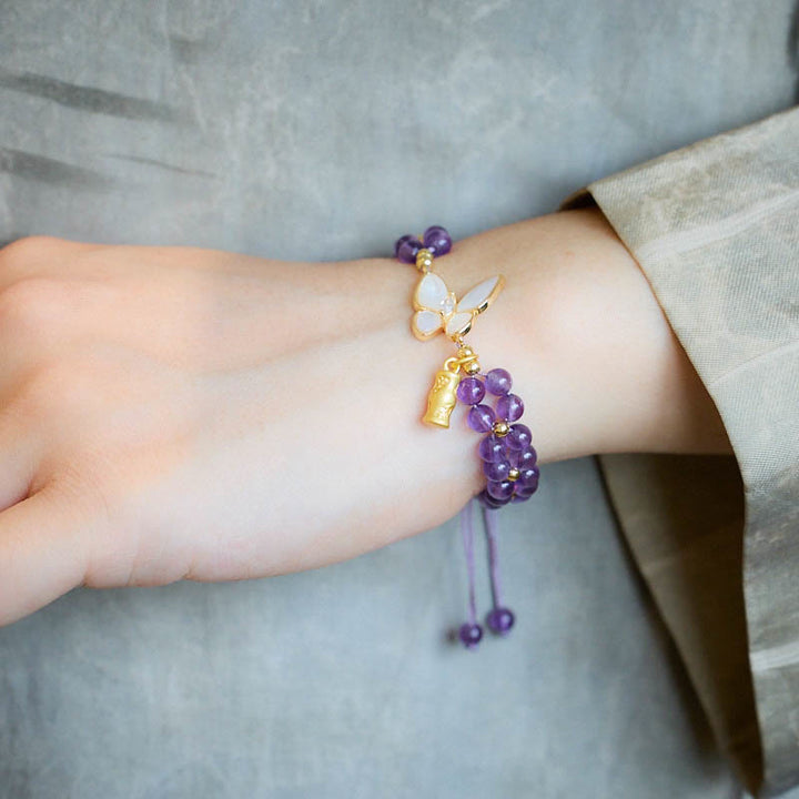 Bracelet en corde tressée avec Buddha Stones, améthyste, papillon, bambou, équilibre, soulagement du stress