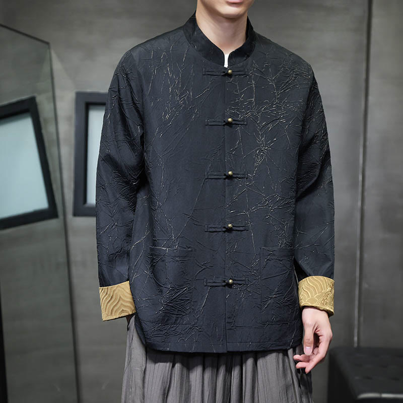 Buddha Stones Tang Suit Casual Frog-button Manches longues Nylon Hommes Veste Chemise Vêtements - Noir - US/UK/AU46，EU56 (5XL) - image 0