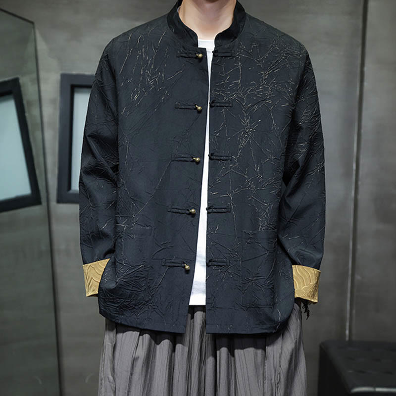 Buddha Stones Tang Suit Casual Frog-button Manches longues Nylon Hommes Veste Chemise Vêtements - image 1