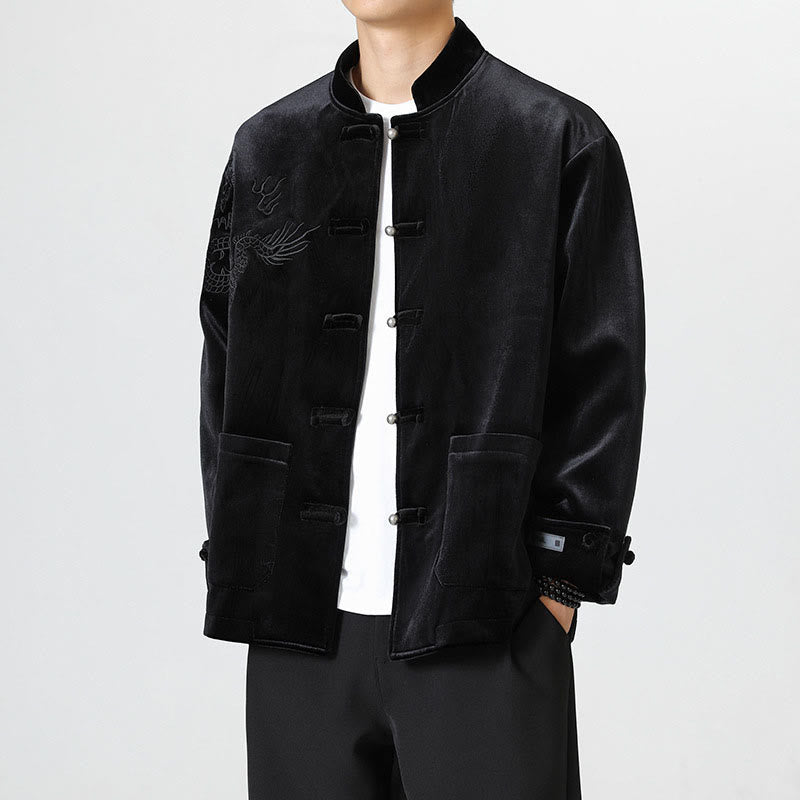 Veste en coton décontractée à boutons de grenouille pour homme avec broderie de dragon et Buddha Stones - Noir - US/UK/AU46，EU56 (5XL) - image 18