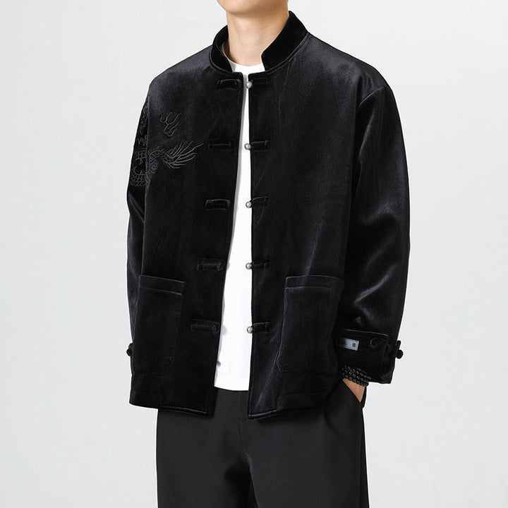 Veste en coton décontractée à boutons de grenouille pour homme avec broderie de dragon et Buddha Stones - Noir - US/UK/AU46，EU56 (5XL) - image 18