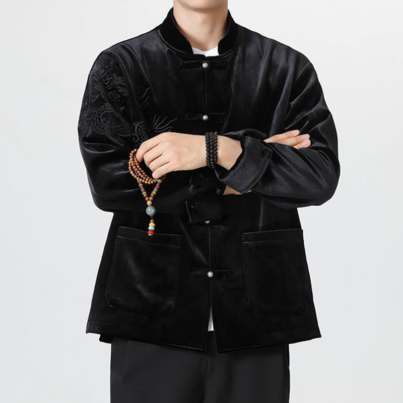 Veste en coton décontractée à boutons de grenouille pour homme avec broderie de dragon et Buddha Stones - image 24