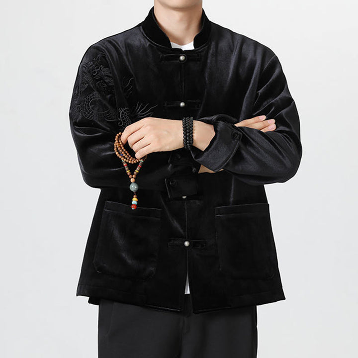 Veste en coton décontractée à boutons de grenouille pour homme avec broderie de dragon et Buddha Stones - image 24