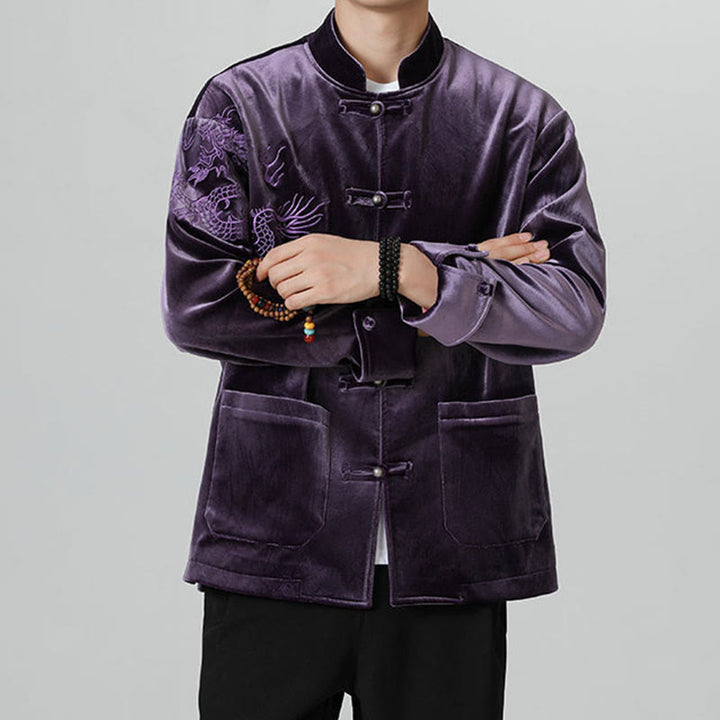 Veste en coton décontractée à boutons de grenouille pour homme avec broderie de dragon et Buddha Stones - image 35
