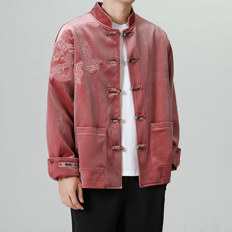 Veste en coton décontractée à boutons de grenouille pour homme avec broderie de dragon et Buddha Stones - image 1