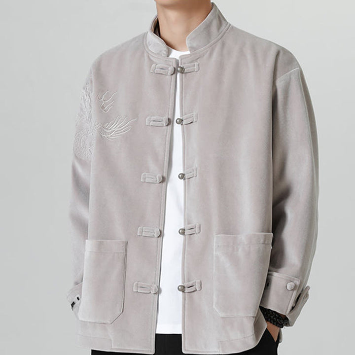 Veste en coton décontractée à boutons de grenouille pour homme avec broderie de dragon et Buddha Stones - 	Argent - US/UK/AU46，EU56 (5XL) - image 10