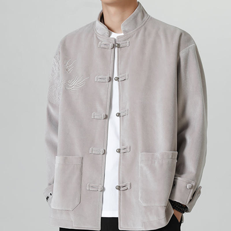 Veste en coton décontractée à boutons de grenouille pour homme avec broderie de dragon et Buddha Stones - 	Argent - US/UK/AU46，EU56 (5XL) - image 11