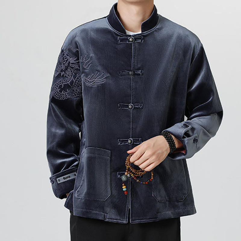 Veste en coton décontractée à boutons de grenouille pour homme avec broderie de dragon et Buddha Stones - image 30